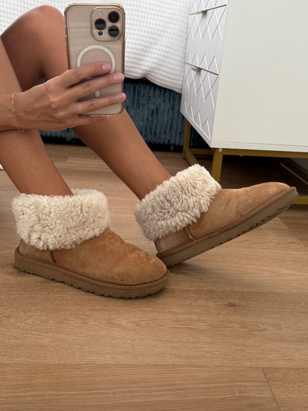 UGG Chestnut Suede Fold-Down Shearling Cuff Booties
